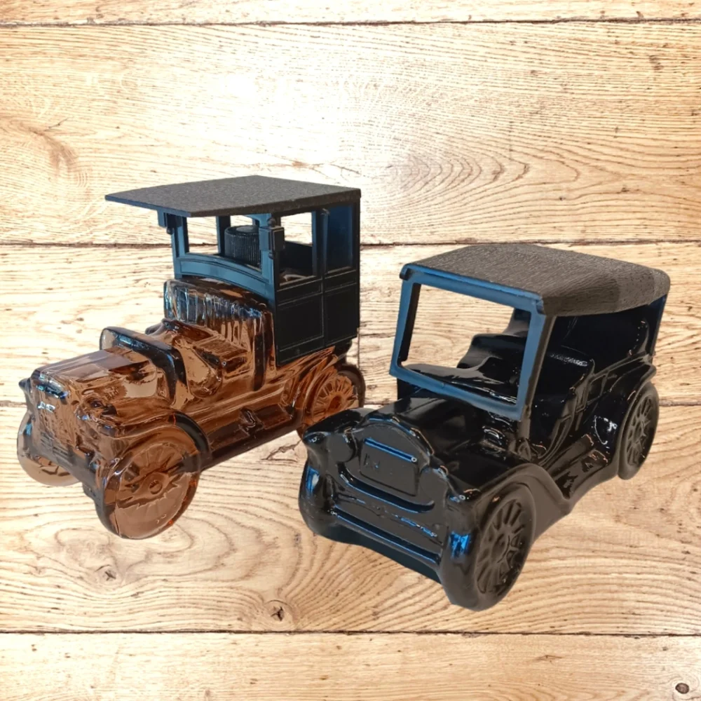 Avon Vintage Set of 2 Glass Touring Cars: Amber Reo & Black Touring T Empty